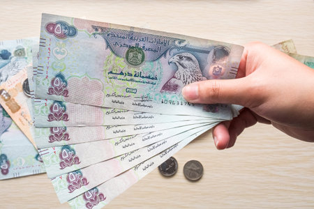 Closeup of a female's hands holding UAE 500 dirhams currency notes, paper money against a light backgroundの写真素材