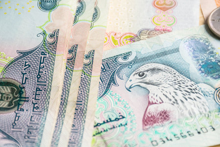 Closeup of UAE 500 dirhams currency notes amongst othet notes, paper moneyの写真素材