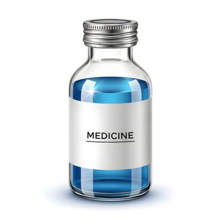 Realistic 3D Liquid Medicine Bottle with Gradient Mesh isolated on plain white background.のイラスト素材