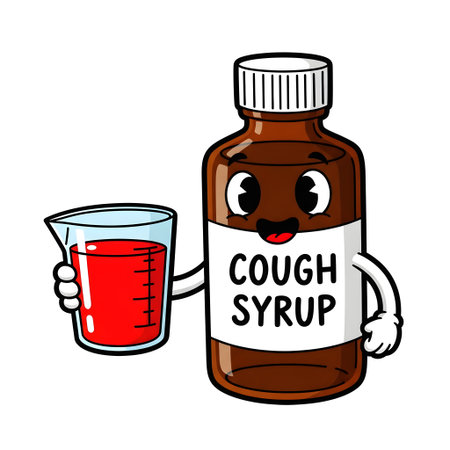 Cute Cartoon Cough Syrup Bottle with Measuring Cup isolated on plain white background.のイラスト素材