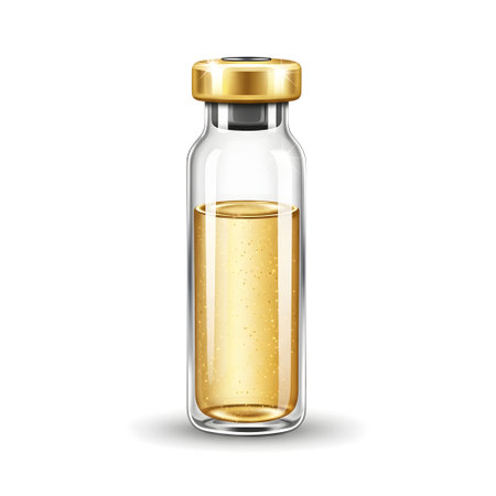 Elegant Glass Medical Vial with a Golden Cap isolated on plain white background.のイラスト素材