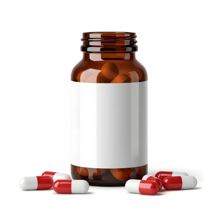 Realistic Amber Glass Medicine Bottle with Spilled Capsules isolated on plain white background.のイラスト素材