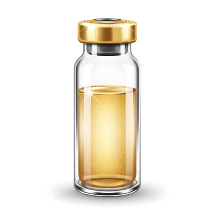 Elegant Glass Medical Vial with a Golden Cap isolated on plain white background.のイラスト素材