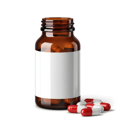 Realistic Amber Glass Medicine Bottle with Spilled Capsules isolated on plain white background.のイラスト素材