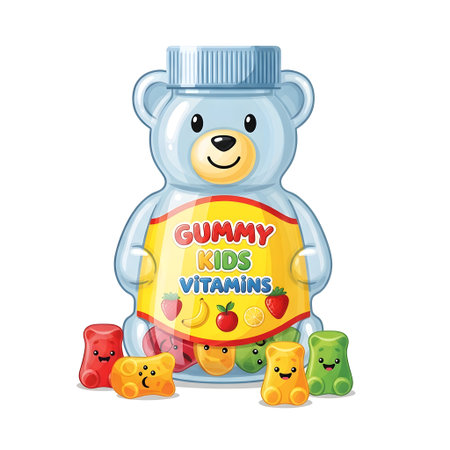 Cartoon Bottle of Children's Gummy Bear Vitamins isolated on plain white background.のイラスト素材