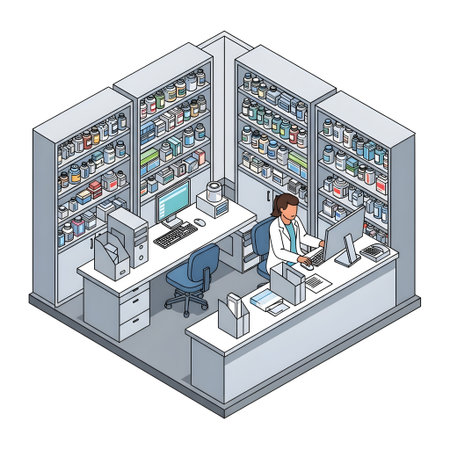 Isometric View of a Hospital Pharmacy Interior isolated on plain white background.のイラスト素材