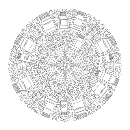 Circular Line Art Pattern with Medical Elements isolated on plain white background.のイラスト素材