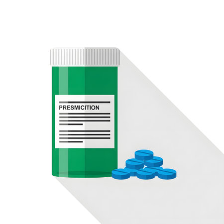Flat Design Prescription Vial with Blue Pills and Long Shadow isolated on plain white background.のイラスト素材