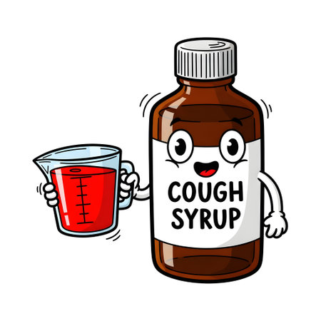 Cute Cartoon Cough Syrup Bottle with Measuring Cup isolated on plain white background.のイラスト素材