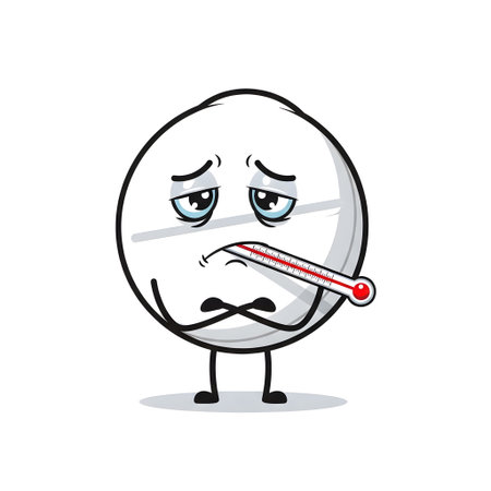 Sad and Sick Pill Character with a Thermometer isolated on plain white background.のイラスト素材
