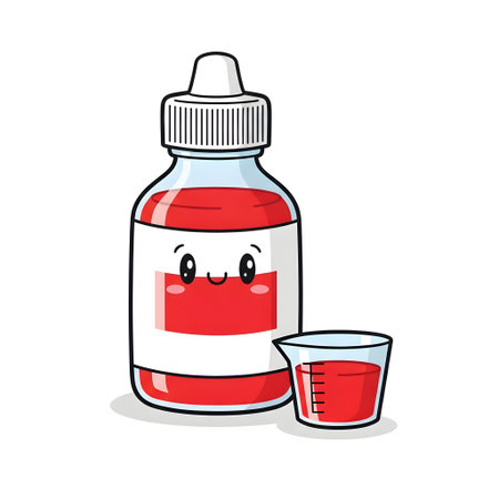 Cute Cartoon Cough Syrup Bottle with Measuring Cup isolated on plain white background.のイラスト素材