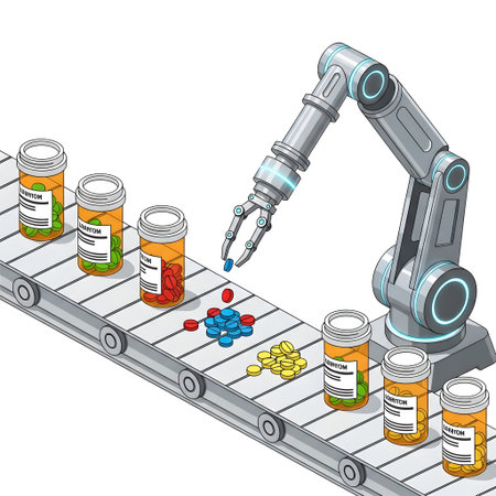 Futuristic Robotic Arm Sorting Pills in a Pharmacy isolated on plain white background.のイラスト素材