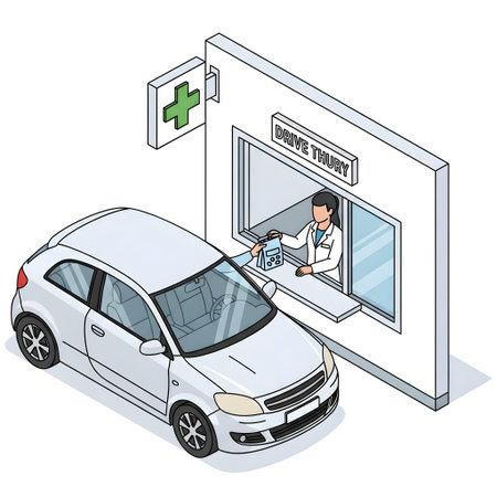 Isometric Pharmacy Drive-Thru Scene isolated on plain white background.のイラスト素材