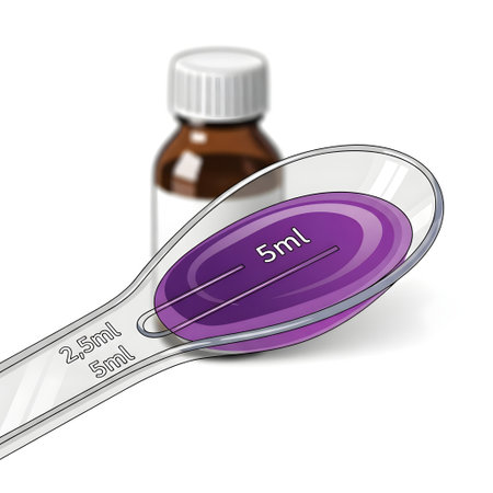 Spoonful of Purple Liquid Medicine with Bottle in Background isolated on plain white background.のイラスト素材