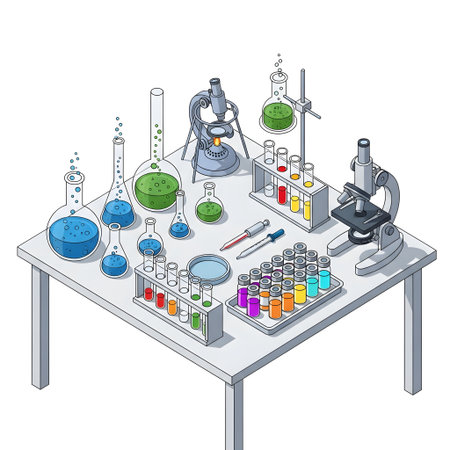 Isometric Laboratory Scene with Medical Vials isolated on plain white background.のイラスト素材