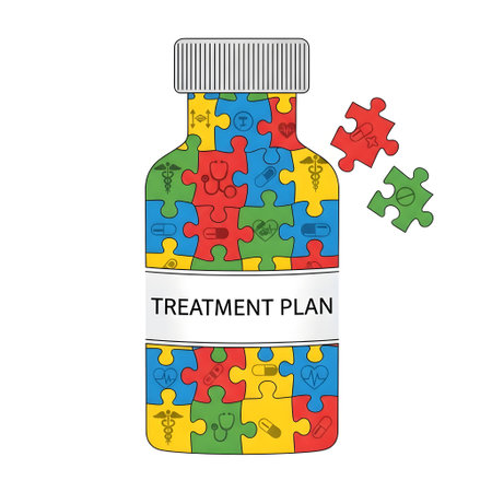 Puzzle Piece Medicine Bottle for Complex Treatment Concept isolated on plain white background.のイラスト素材