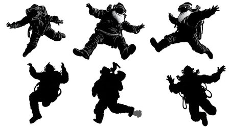 Astronaut Santa Claus in Space Silhouette Collection isolated on plain white background.のイラスト素材