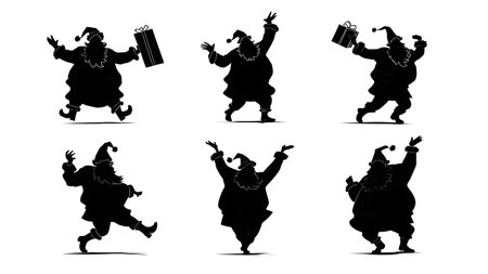 Joyful Celebrating Santa Claus Silhouette Collection isolated on plain white background.のイラスト素材