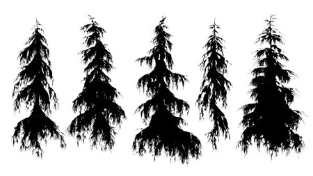 Weeping Willow Style Christmas Tree Silhouette Collection isolated on plain white background.のイラスト素材