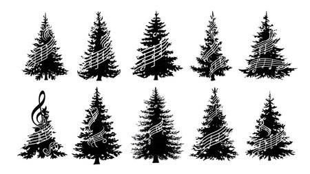 Musical Note Themed Christmas Tree Silhouette Vector Set isolated on plain white background.のイラスト素材