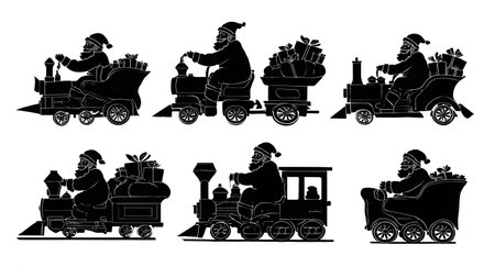 Santa Claus Driving a Christmas Train Silhouette Pack isolated on plain white background.のイラスト素材