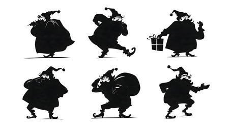 Mischievous and Playful Santa Claus Silhouettes isolated on plain white background.のイラスト素材