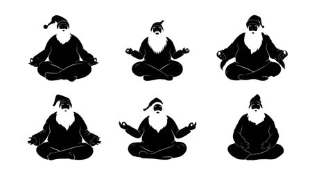 Meditating Santa Claus in Calm Poses Silhouette Set isolated on plain white background.のイラスト素材