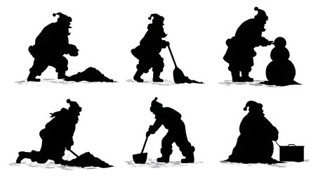 Santa Claus Building a Snowman Silhouette Set isolated on plain white background.のイラスト素材