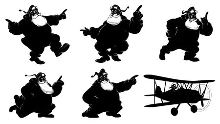Aviator Pilot Santa Claus Silhouette Collection isolated on plain white background.のイラスト素材