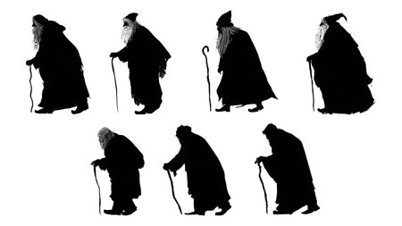 Very Old Santa Claus with Walking Stick Silhouettes isolated on plain white background.のイラスト素材