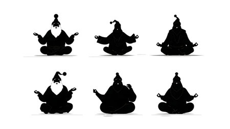 Meditating Santa Claus in Calm Poses Silhouette Set isolated on plain white background.のイラスト素材