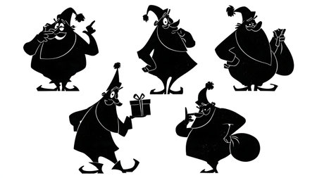 Mischievous and Playful Santa Claus Silhouettes isolated on plain white background.のイラスト素材