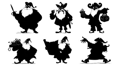 Pirate Santa Claus Character Silhouette Pack isolated on plain white background.のイラスト素材