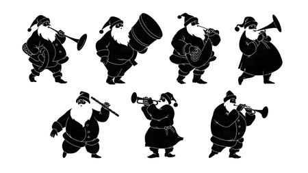 Santa Claus Playing Musical Instruments Silhouettes isolated on plain white background.のイラスト素材