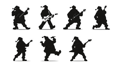Rockstar Santa Claus with Guitar Silhouette Pack isolated on plain white background.のイラスト素材