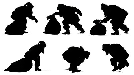 Santa Claus Bending Over and Picking Up Silhouettes isolated on plain white background.のイラスト素材