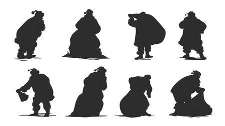 Santa Claus Struggling with Heavy Sack Silhouettes isolated on plain white background.のイラスト素材