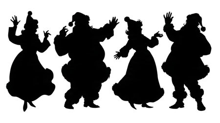 Santa and Mrs. Claus Couple Silhouette Collection isolated on plain white background.のイラスト素材