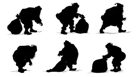 Santa Claus Bending Over and Picking Up Silhouettes isolated on plain white background.のイラスト素材