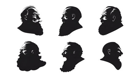 Santa Claus Head Profile with Emotions Silhouette Set isolated on plain white background.のイラスト素材