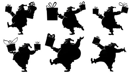 Santa Claus Juggling Gifts Silhouette Pack isolated on plain white background.のイラスト素材
