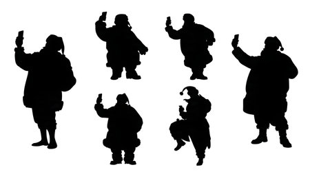 Santa Claus Taking a Selfie Silhouette Set isolated on plain white background.のイラスト素材
