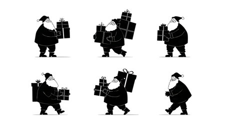 Santa Claus with Gift Boxes Silhouette Set of Six isolated on plain white background.のイラスト素材