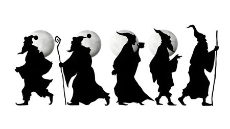 Santa Claus and Sleigh Against the Moon Silhouettes isolated on plain white background.のイラスト素材