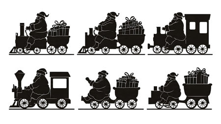 Santa Claus Driving a Christmas Train Silhouette Pack isolated on plain white background.のイラスト素材