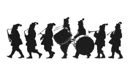 Santa Claus in Marching Band Uniform Silhouettes isolated on plain white background.のイラスト素材
