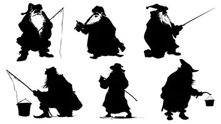 Santa Claus Fishing Silhouette Hobby Collection isolated on plain white background.のイラスト素材