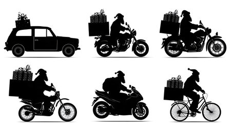 Santa Claus Driving Modern Vehicles Silhouette Pack isolated on plain white background.のイラスト素材