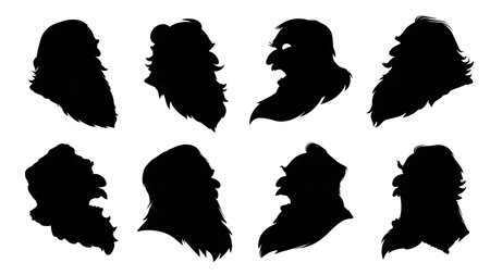 Santa Claus Head Profile with Emotions Silhouette Set isolated on plain white background.のイラスト素材