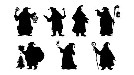 Santa Claus Reading List and Letters Silhouette Set isolated on plain white background.のイラスト素材